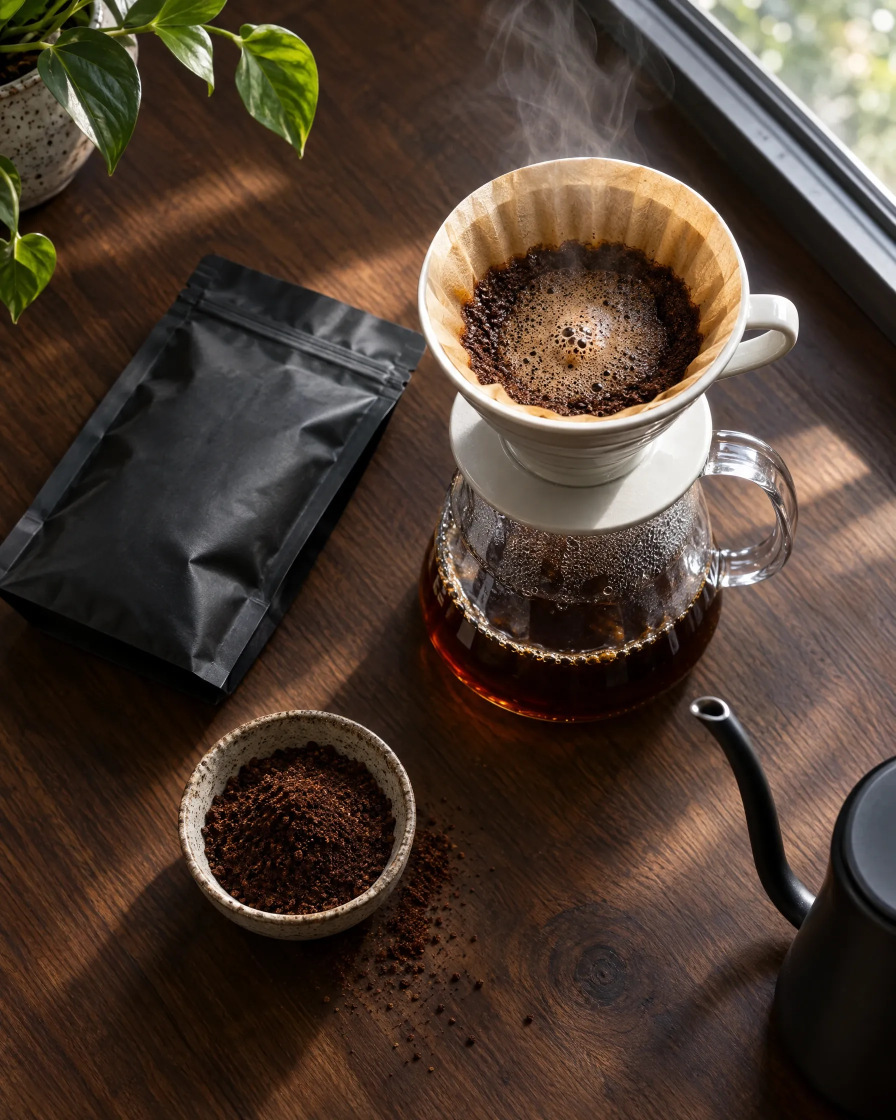 Café filtrado en V60 junto a la bolsa de Cumbre.